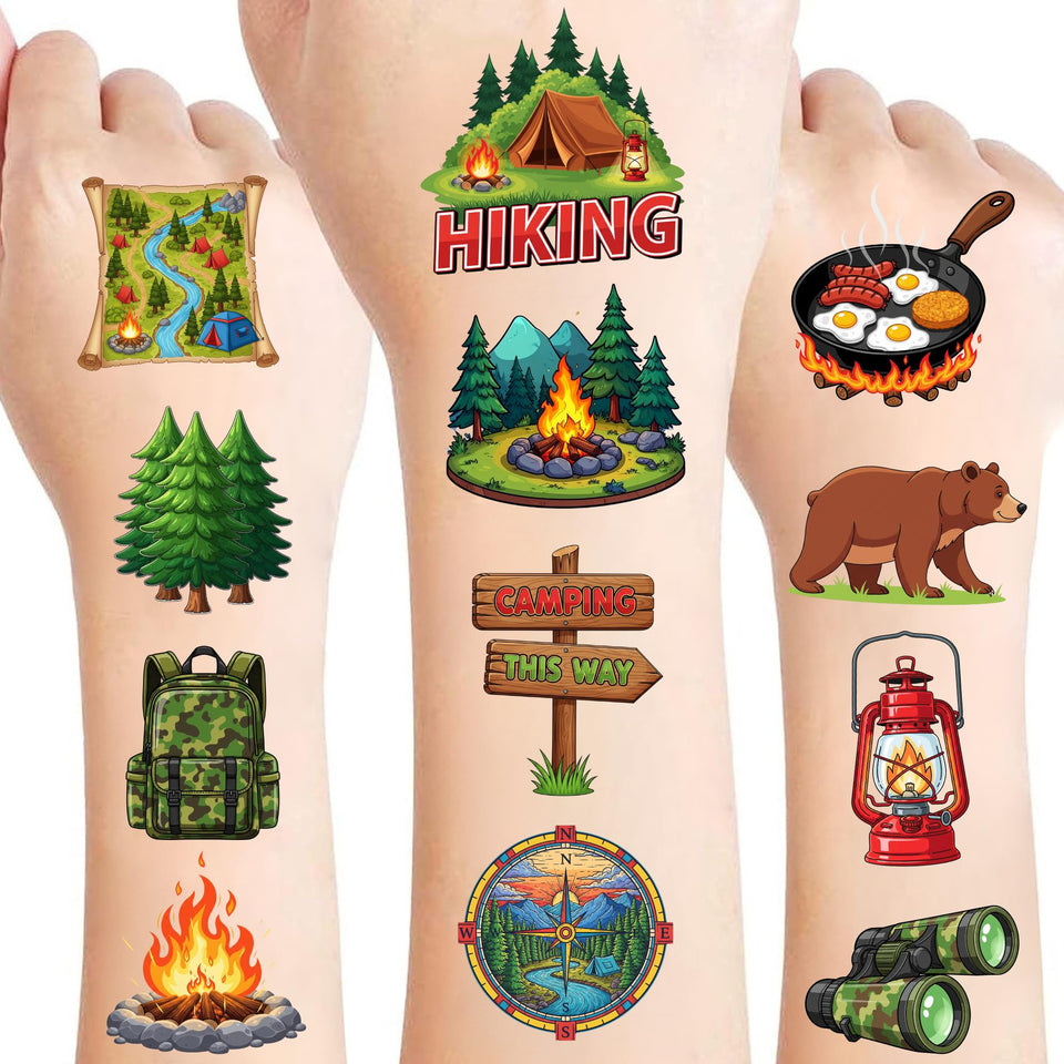 CAVALATAT front packaging showing 50-piece camping tattoo set and benefits