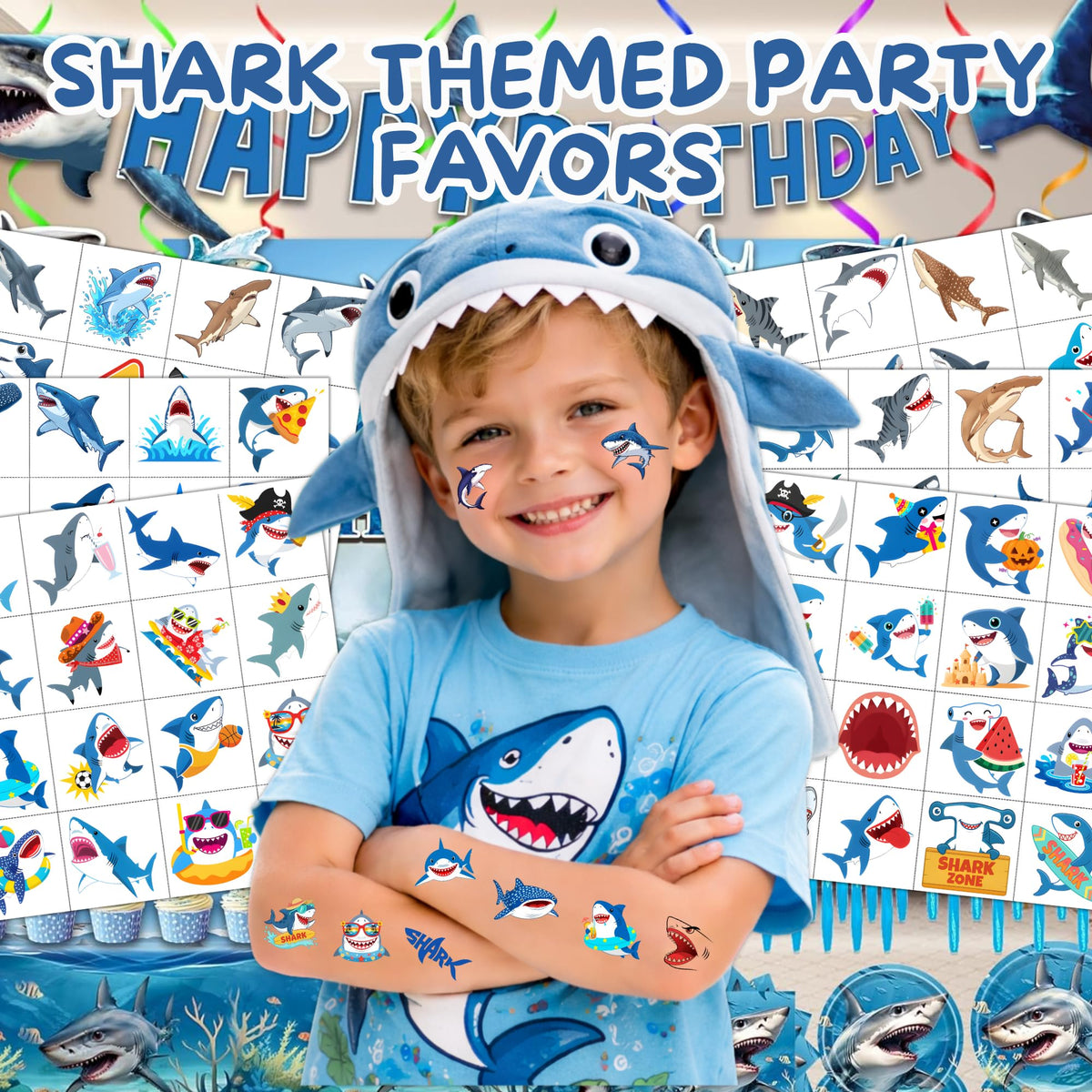 cavalatat close-up of tattoo sheet details highlighting colorful shark designs
