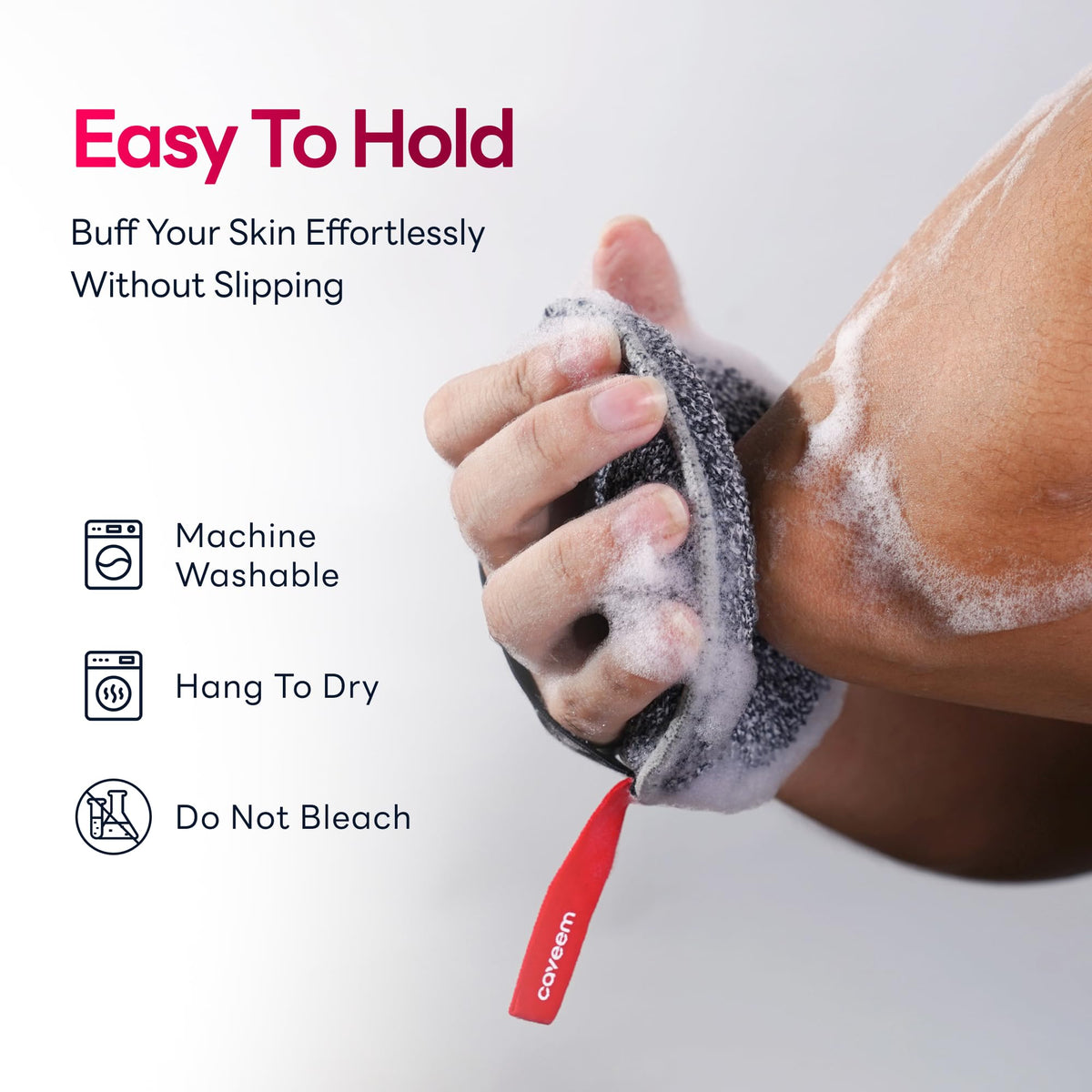 CAVEEM sponge scrubbing elbow in shower showing smoothing of rough skin