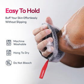 CAVEEM sponge scrubbing elbow in shower showing smoothing of rough skin