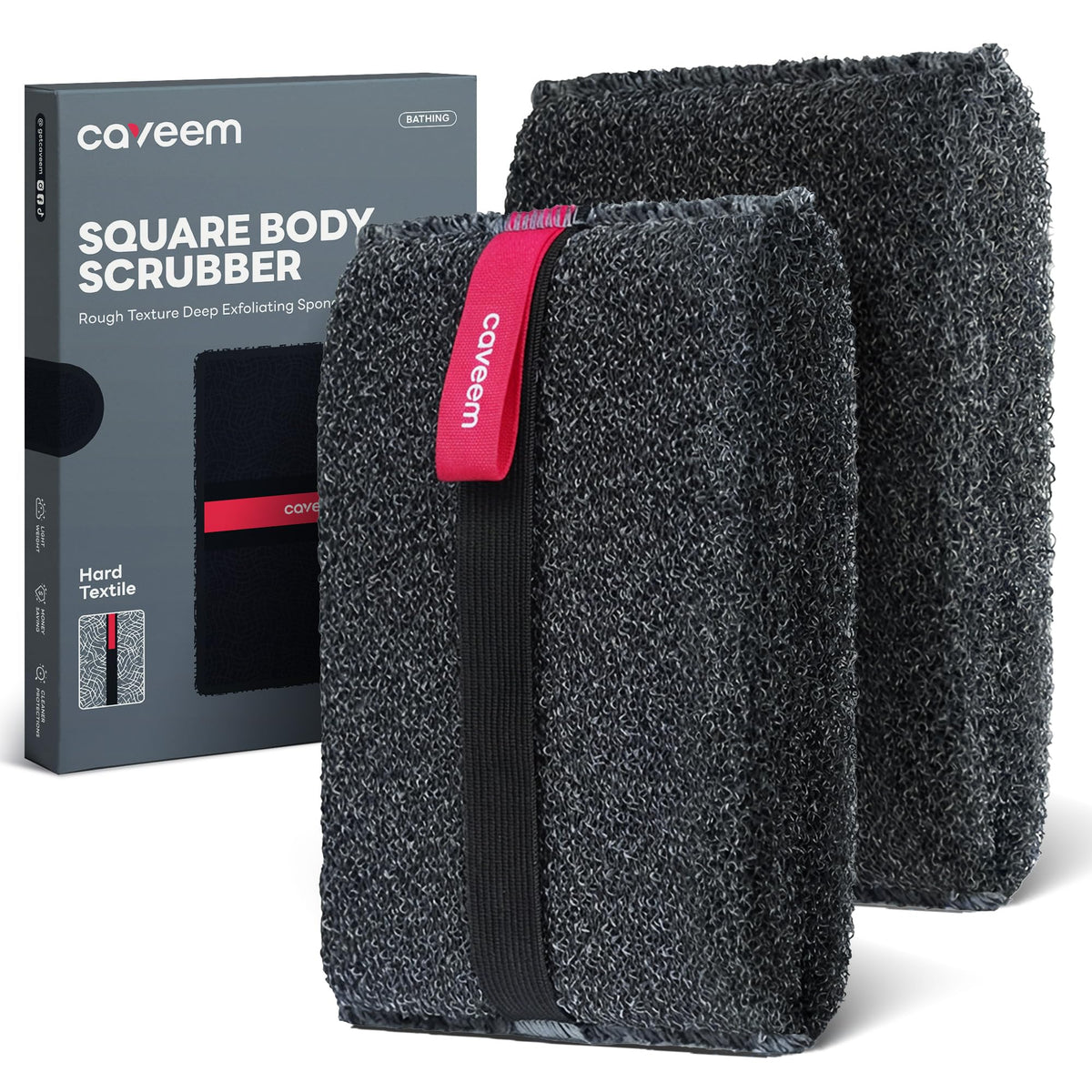 CAVEEM front packaging showing two dark grey exfoliating scrubbers for durability