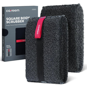 CAVEEM front packaging showing two dark grey exfoliating scrubbers for durability