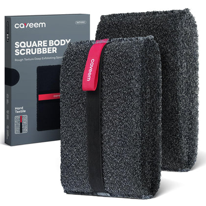 CAVEEM front packaging showing two dark grey exfoliating scrubbers for durability