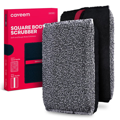 CAVEEM front view of large exfoliating scrubber shows shape and pack benefits