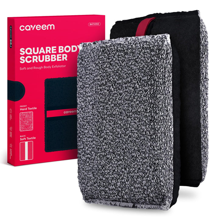 CAVEEM front view of large exfoliating scrubber shows shape and pack benefits