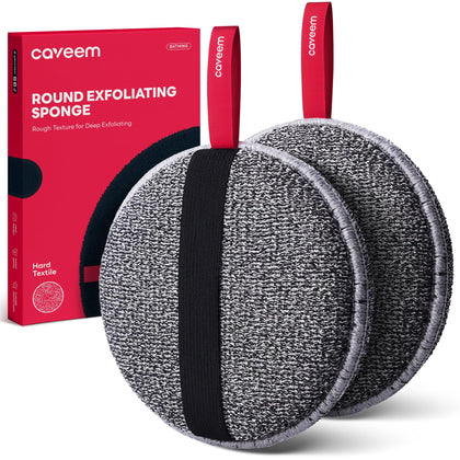 CAVEEM front view of round exfoliating sponge showing packaging and quick-dry benefit