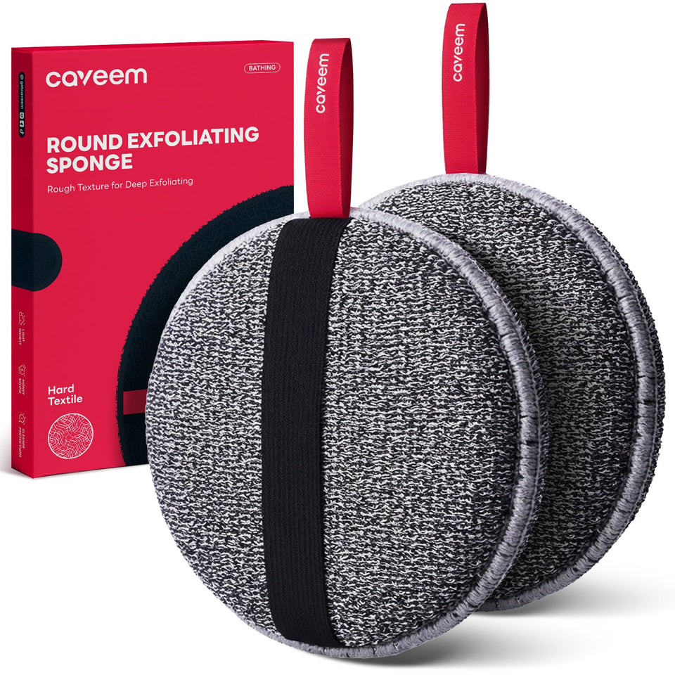 CAVEEM front view of round exfoliating sponge showing packaging and quick-dry benefit