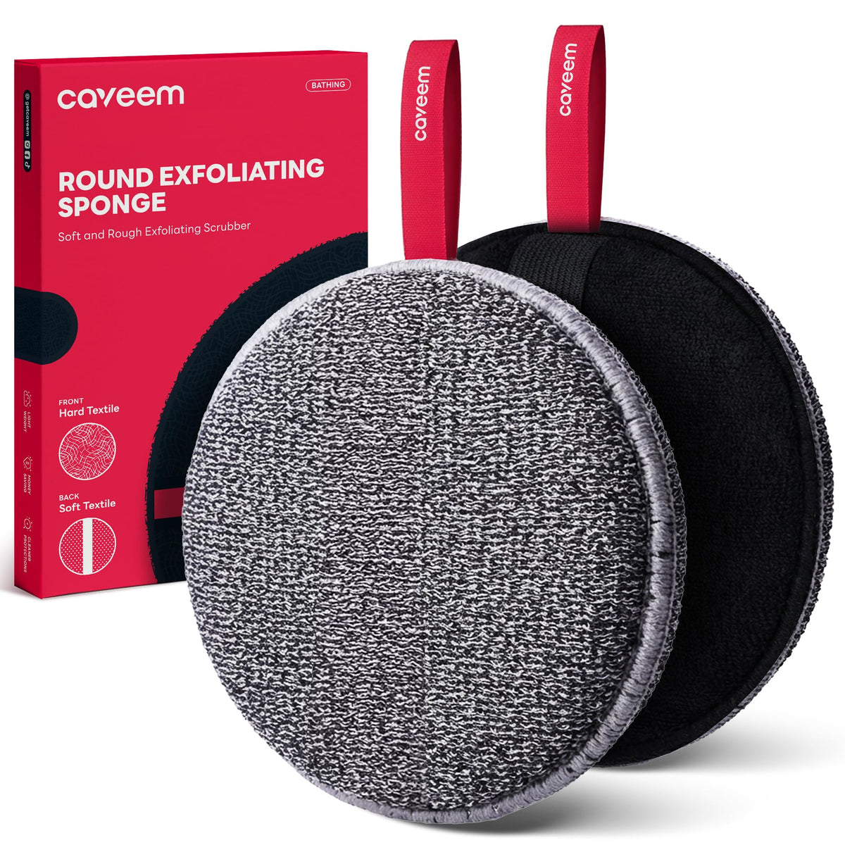 CAVEEM front packaging showing the 2-pack scrubbers and product benefits