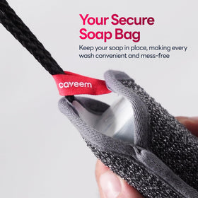 CAVEEM pouch hanging by cord in shower to dry quickly and prevent sogginess