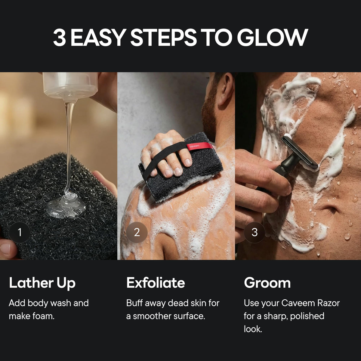 CAVEEM lifestyle bathroom setting demonstrating travel-ready exfoliation tool