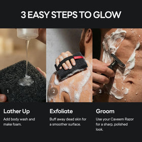 CAVEEM lifestyle bathroom setting demonstrating travel-ready exfoliation tool