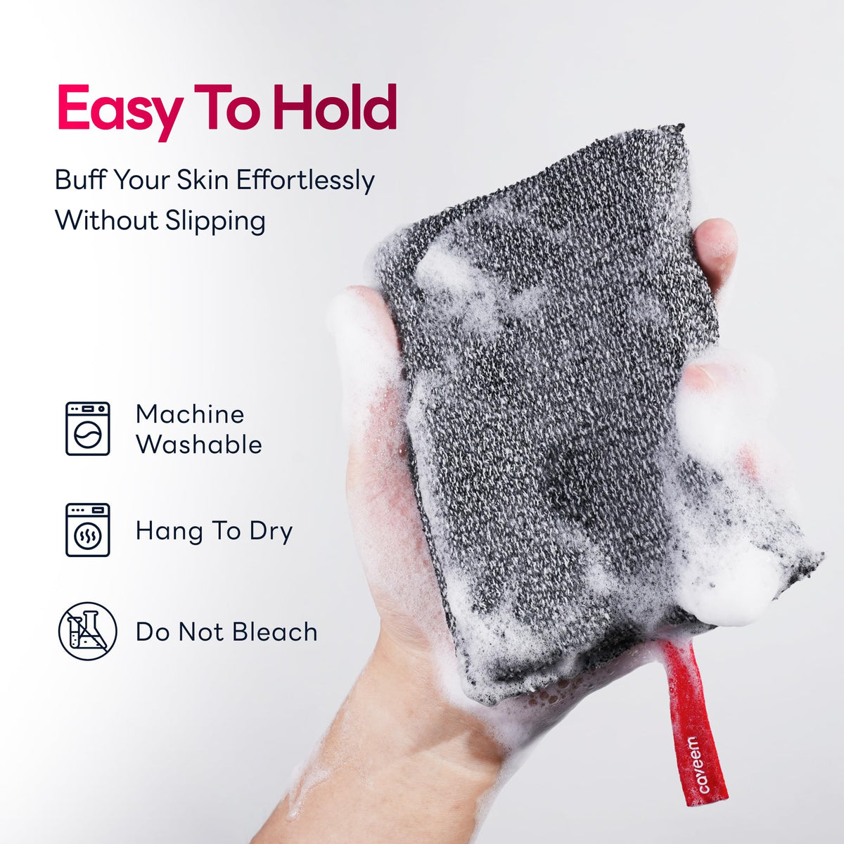CAVEEM quick-dry scrubber hanging in shower to prevent odor buildup