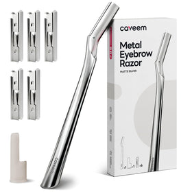 CAVEEM razor front view showing matte silver handle and blade for precise brows