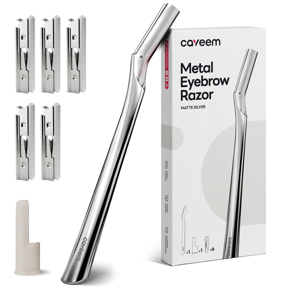 CAVEEM razor front view showing matte silver handle and blade for precise brows