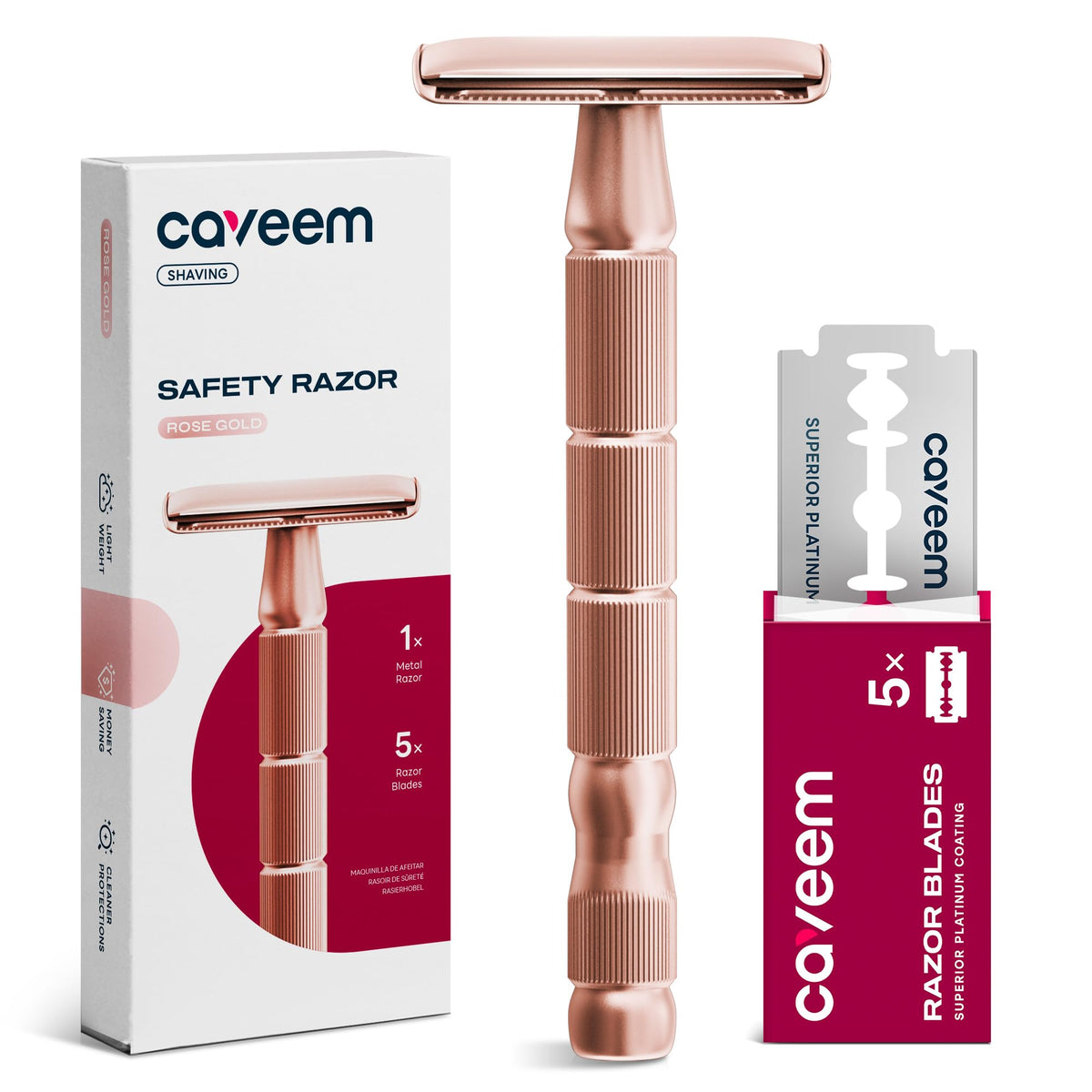 CAVEEM rose gold razor front view showing sleek design and precise shaving
