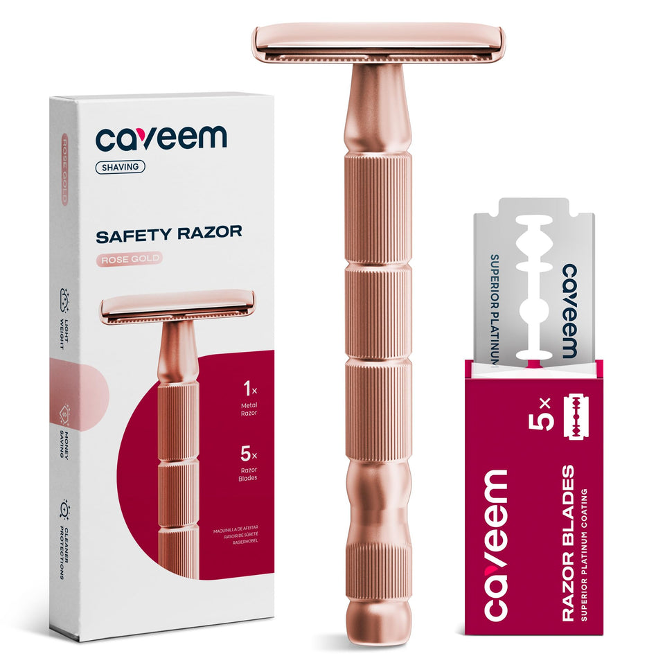CAVEEM rose gold razor front view showing sleek design and precise shaving