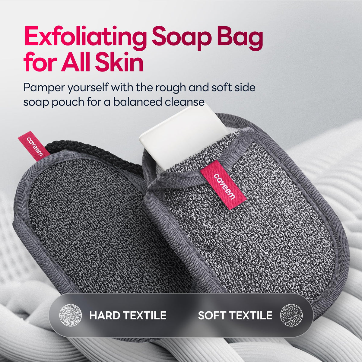 CAVEEM soap placed inside pouch demonstrating secure hold and reduced slipping
