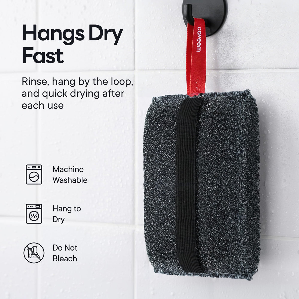 CAVEEM two-pack stacked illustrating reusable, long-lasting bath sponges