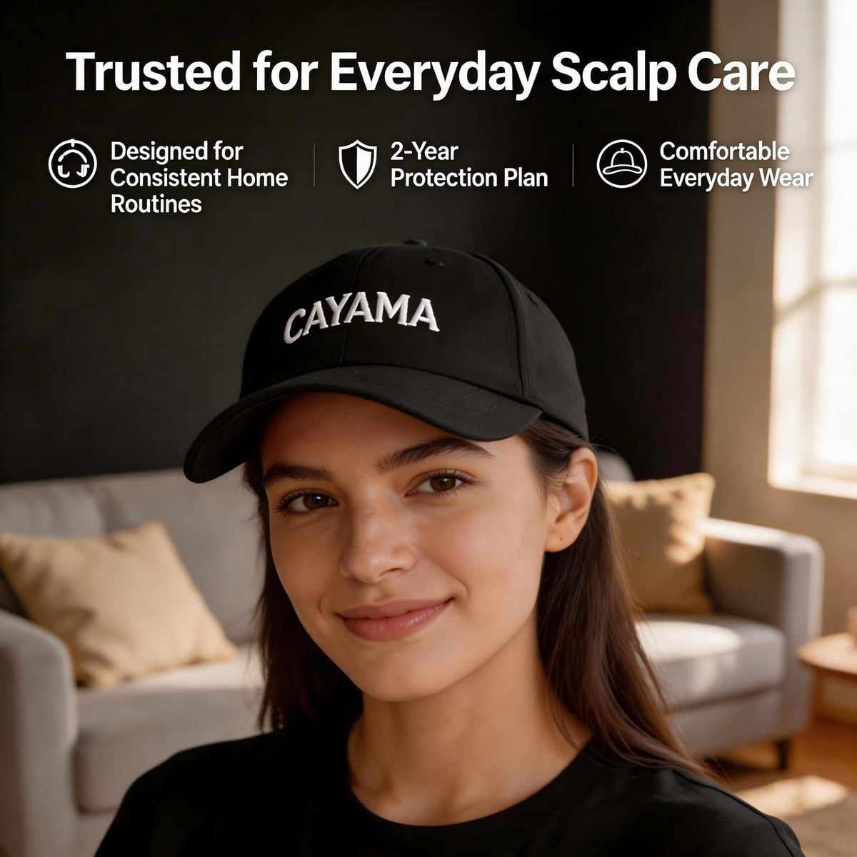 CAYAMA cap in lifestyle scene with person reading to show relaxed at‑home use