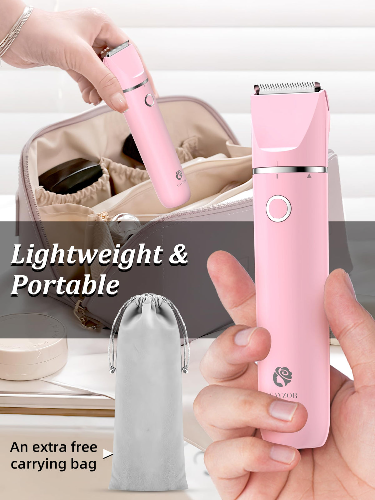 Cayzor with travel pouch and USB cable showing convenience for on-the-go grooming
