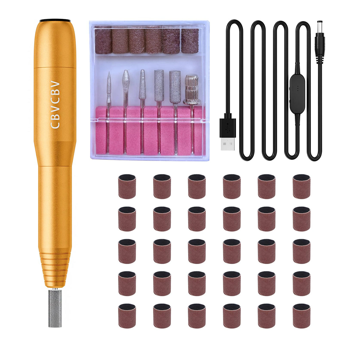 CBVCBV front view of gold nail drill kit showing compact layout and easy access