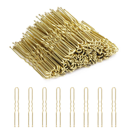 Cehony front view of boxed 200 blonde U shaped hair pins showing count and color blending benefit