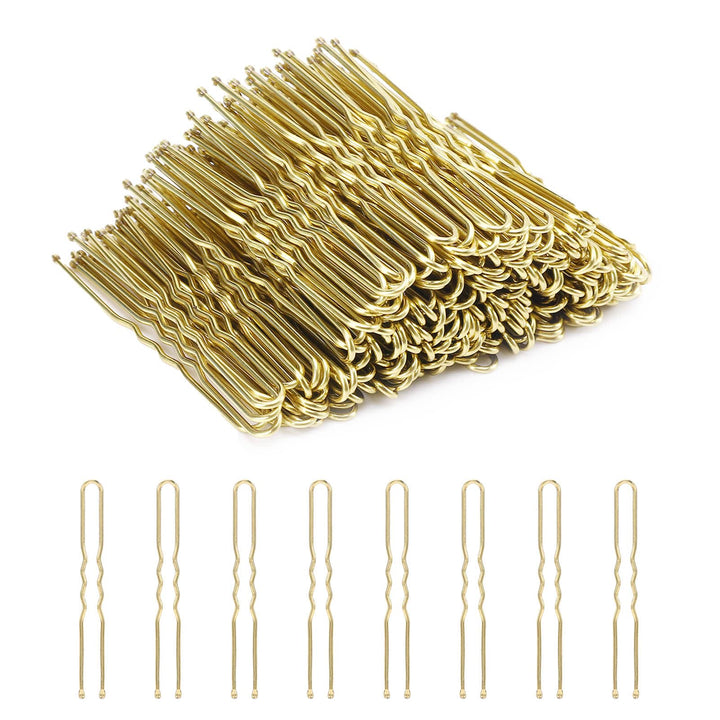 Cehony front view of boxed 200 blonde U shaped hair pins showing count and color blending benefit