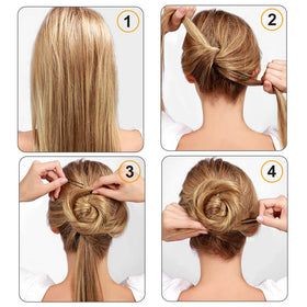 Cehony pins holding a bun in place, demonstrating stable updo support benefit
