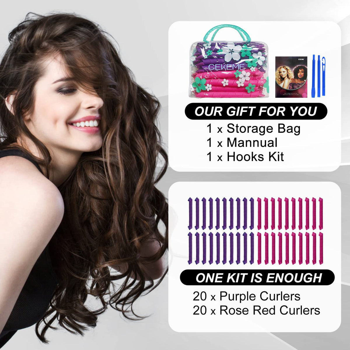 Side-by-side before and after using CEKEME rollers showing improved curl definition