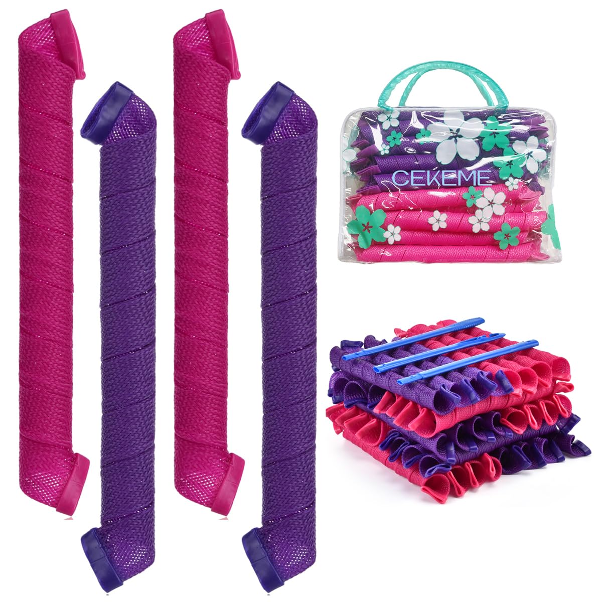 CEKEME front packaging showing 40 heatless spiral hair rollers for easy storage and reuse