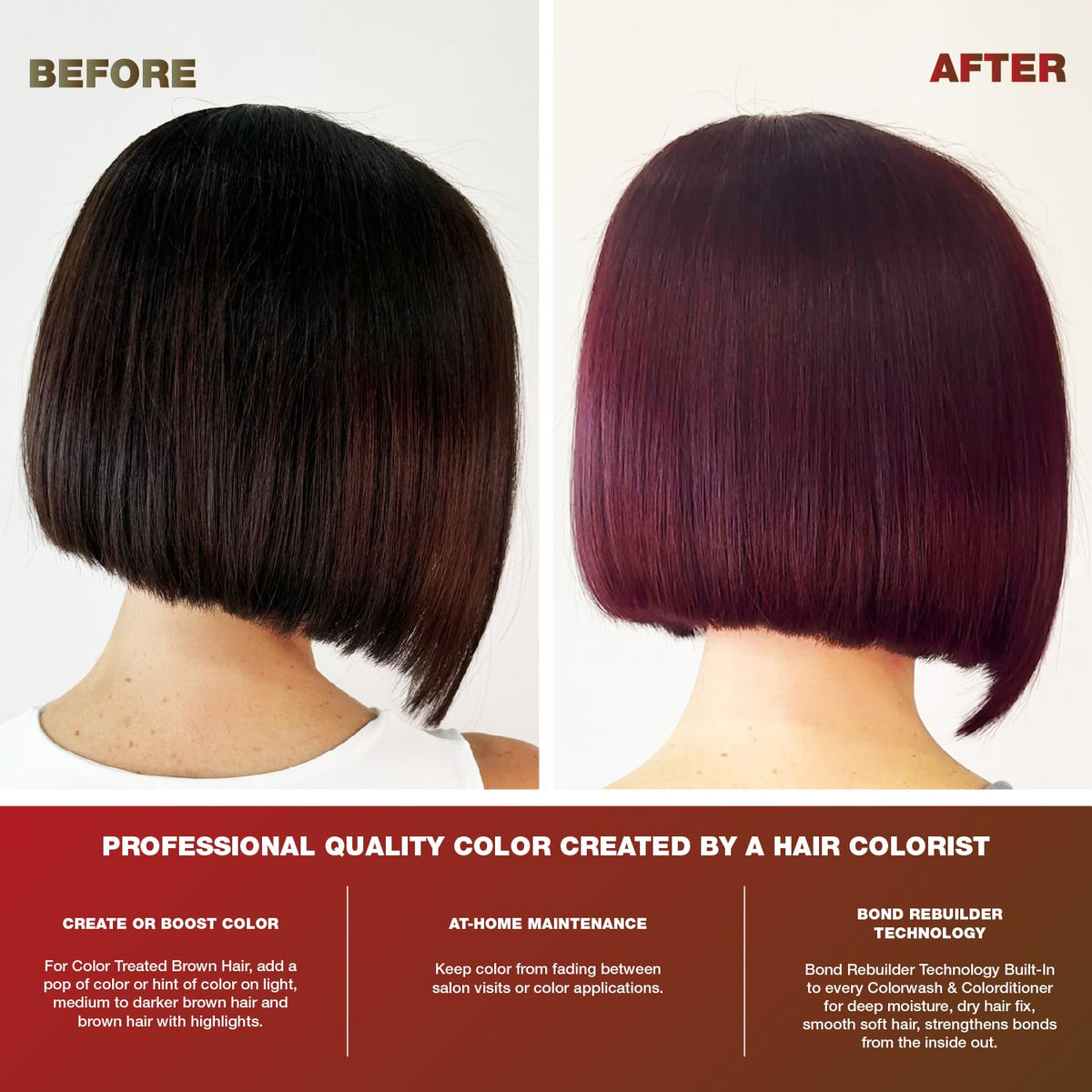 Celeb Luxury after-wash brunette hair showing vibrant red tones and improved shine