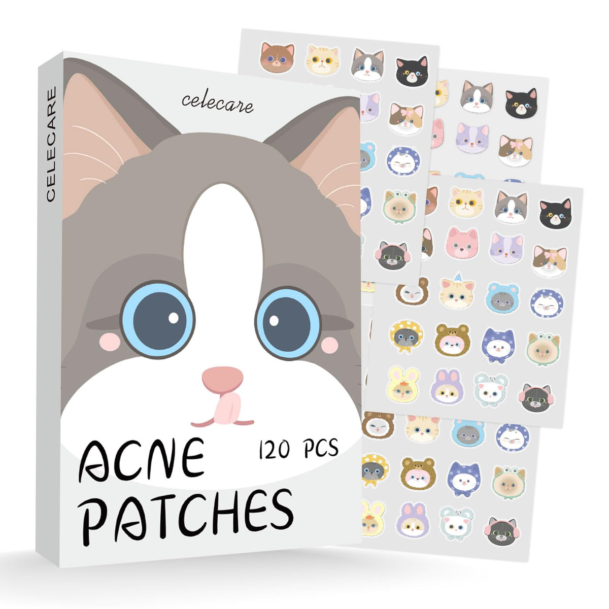 CELECARE front packaging showing 120 cat-shaped acne patches for discreet spot care
