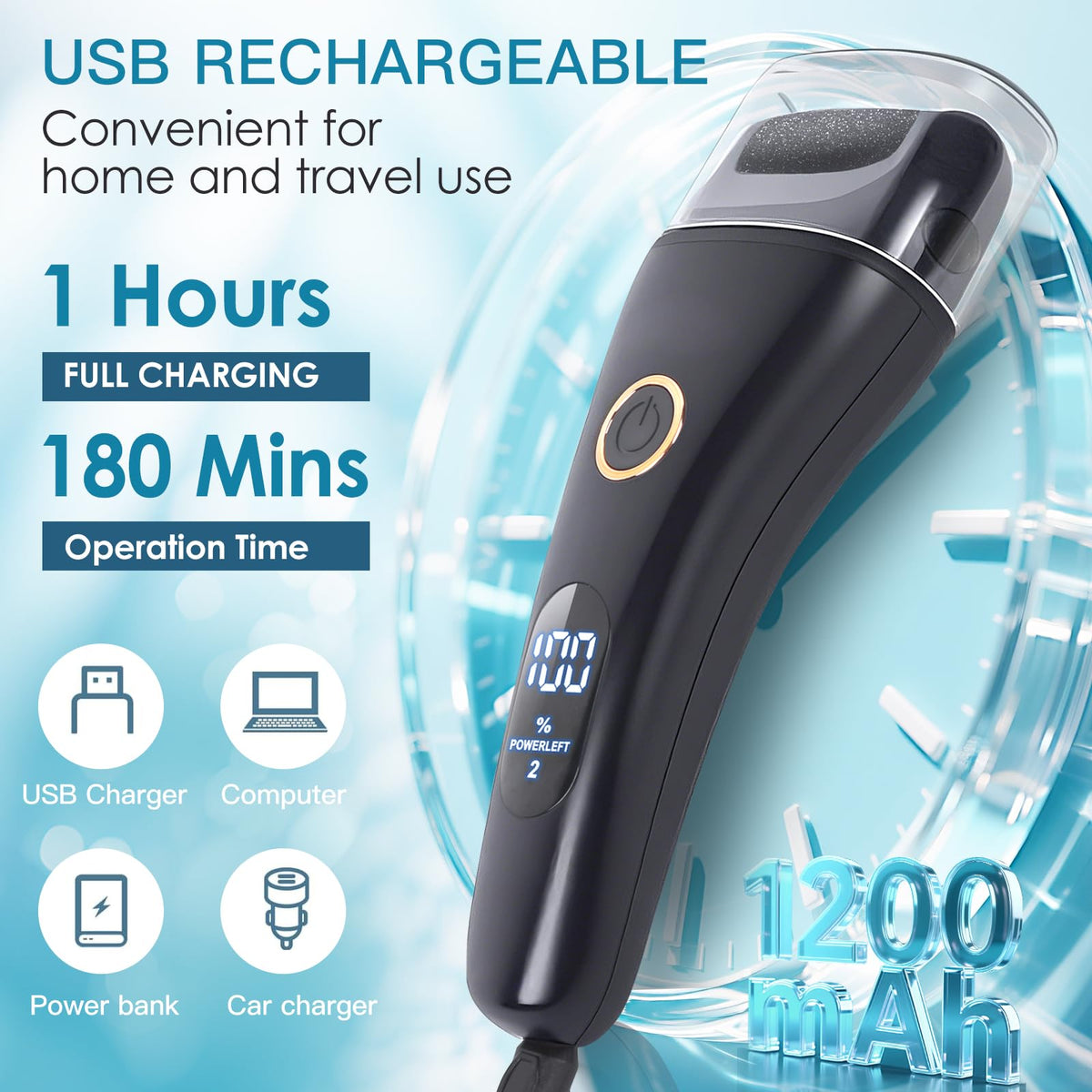 Celepen close-up of digital display and touch controls highlighting battery level and three-speed convenience