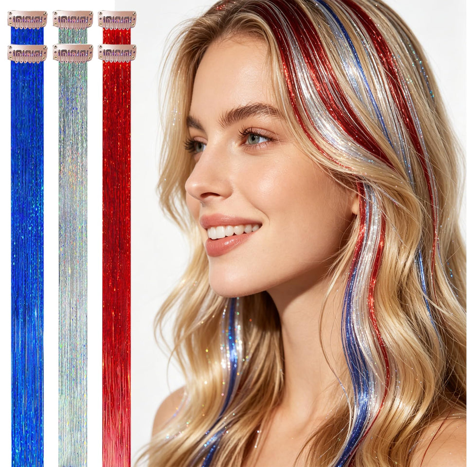CelineBella front view of six-piece patriotic tinsel set, instant event sparkle