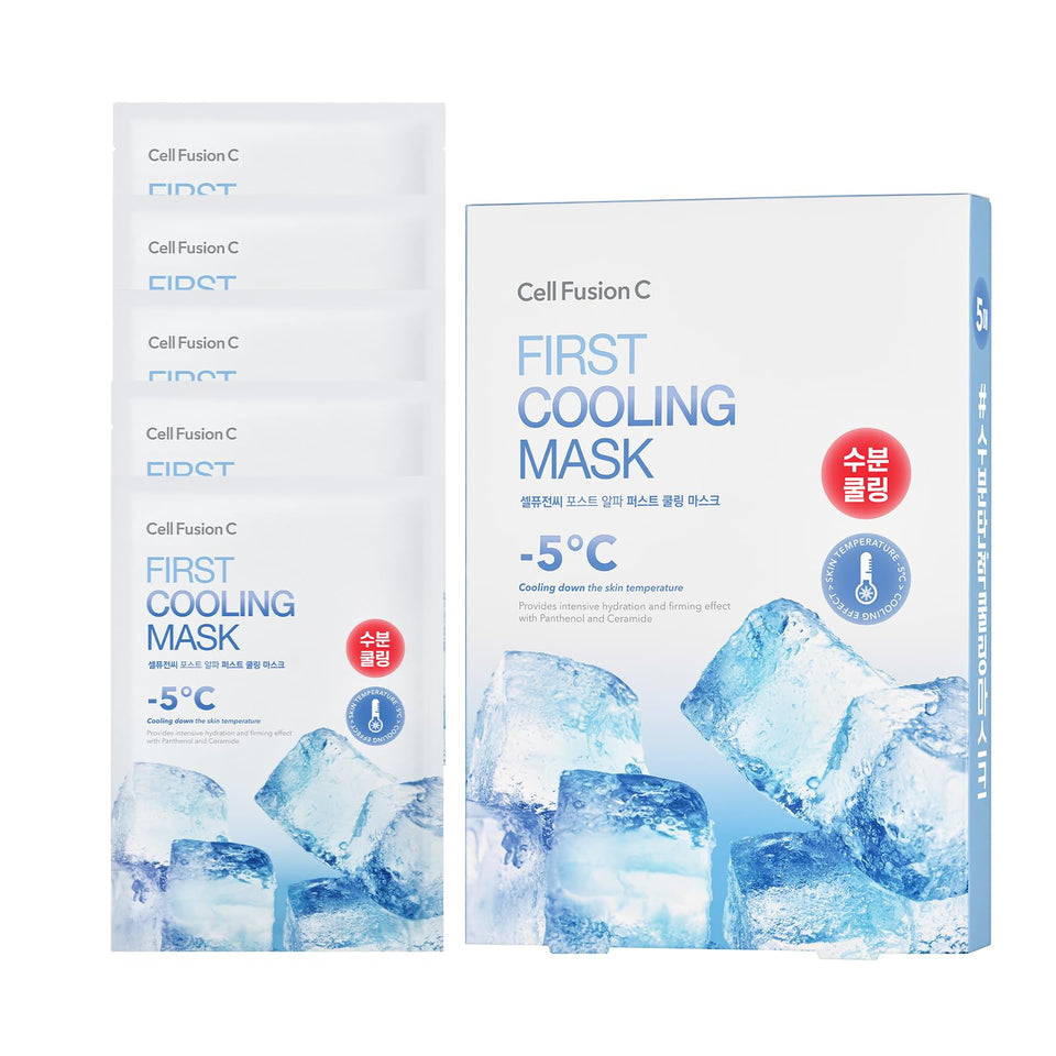Cell Fusion C front packaging showing five cooling sheet masks and benefits