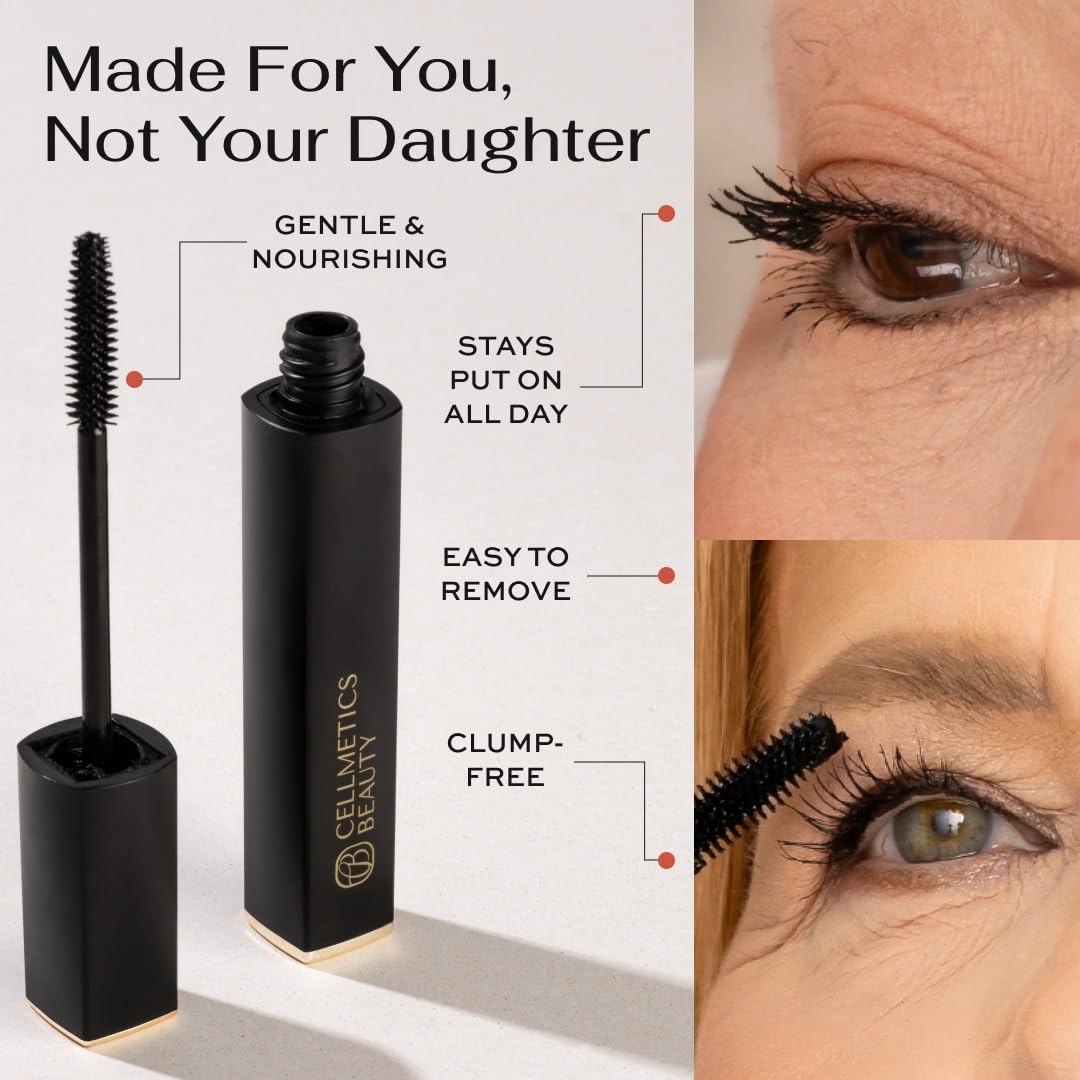 Cellmetics Beauty mascara tube next to ruler to show size and portability benefit