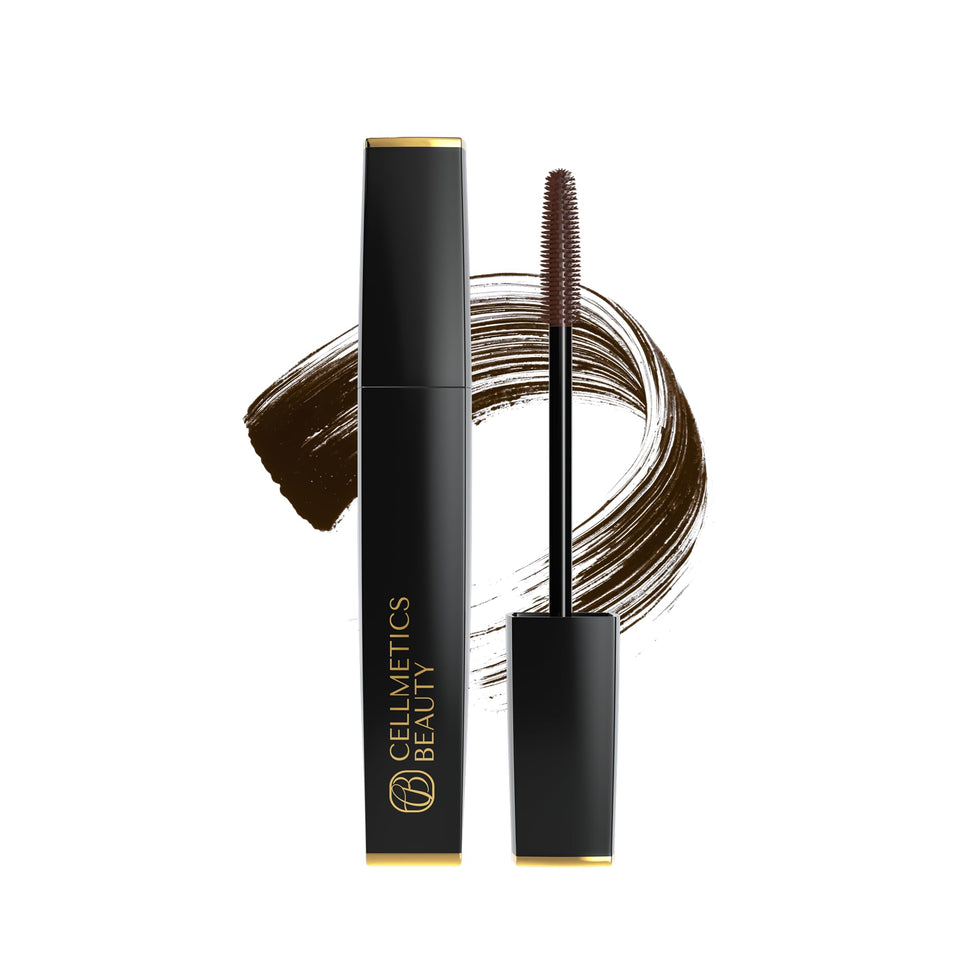 Cellmetics Beauty front packaging showing brown mascara and benefits