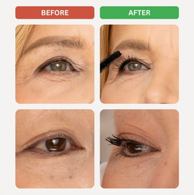 Cellmetics beauty on an older model showing defined lashes that brighten mature eyes naturally