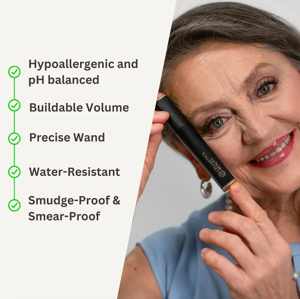 Cellmetics beauty brush texture swipe demonstrating smooth, lightweight formula for natural volume