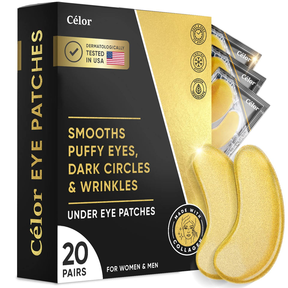 CÉLOR front packaging showing gold under eye patches and clear benefits