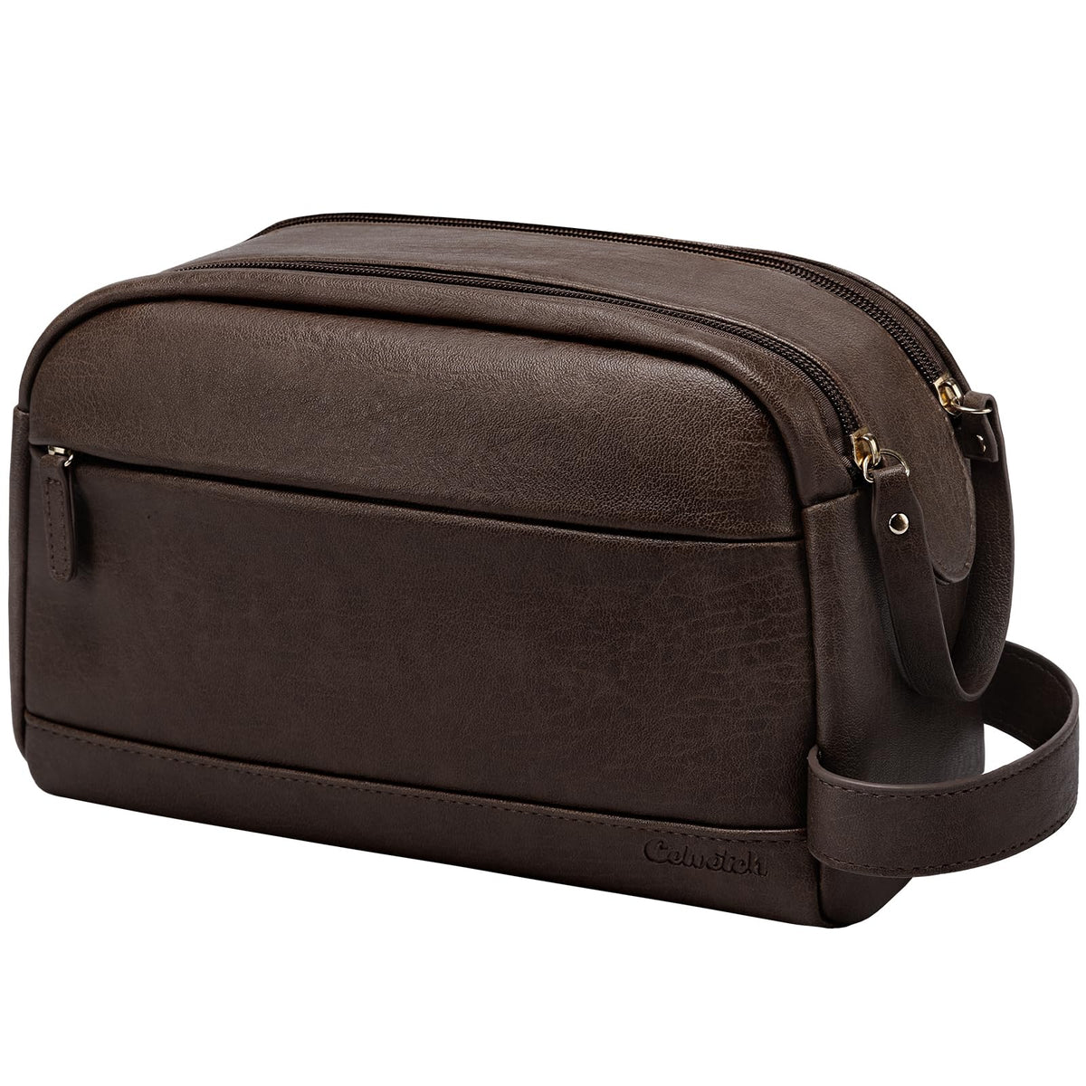 Celvetch toiletry bag front view shows compact vintage style and easy carrying