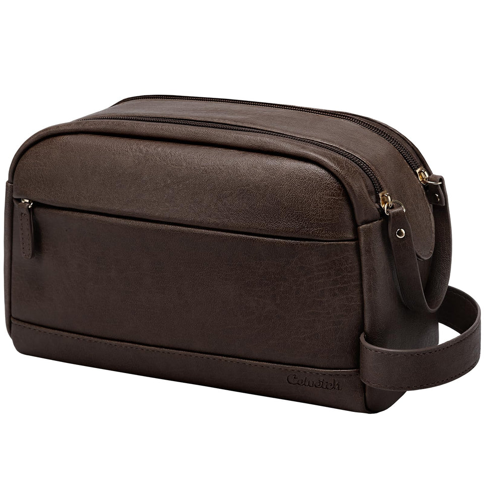 Celvetch toiletry bag front view shows compact vintage style and easy carrying