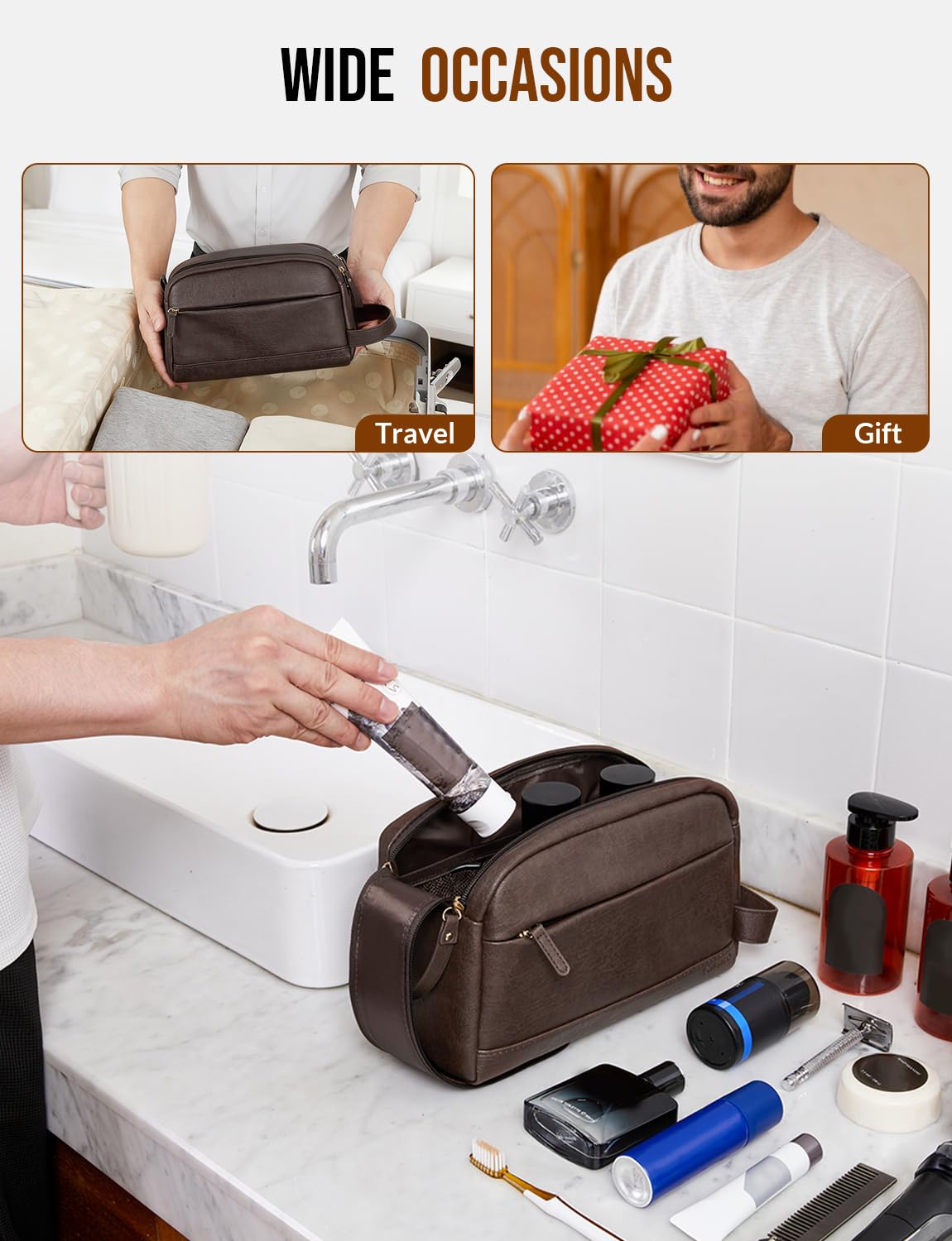 Celvetch toiletry bag on bathroom counter conveys tidy, upright convenience
