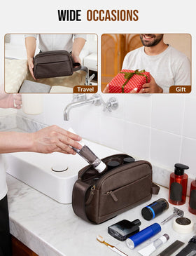 Celvetch toiletry bag on bathroom counter conveys tidy, upright convenience