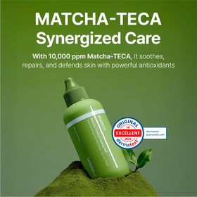 CENTELLIAN 24 tube beside matcha leaves and centella, showing natural ingredient focus