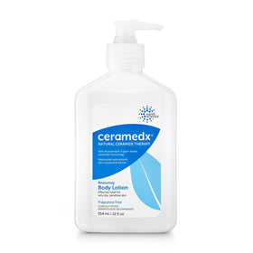 Ceramedx front packaging showing 12 fl oz restoring body lotion, clear product identity and benefits