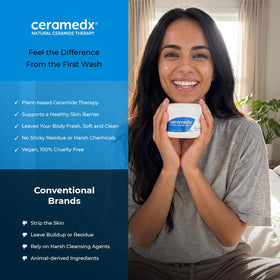 Ceramedx label close-up showing vegan and paraben-free certifications benefit