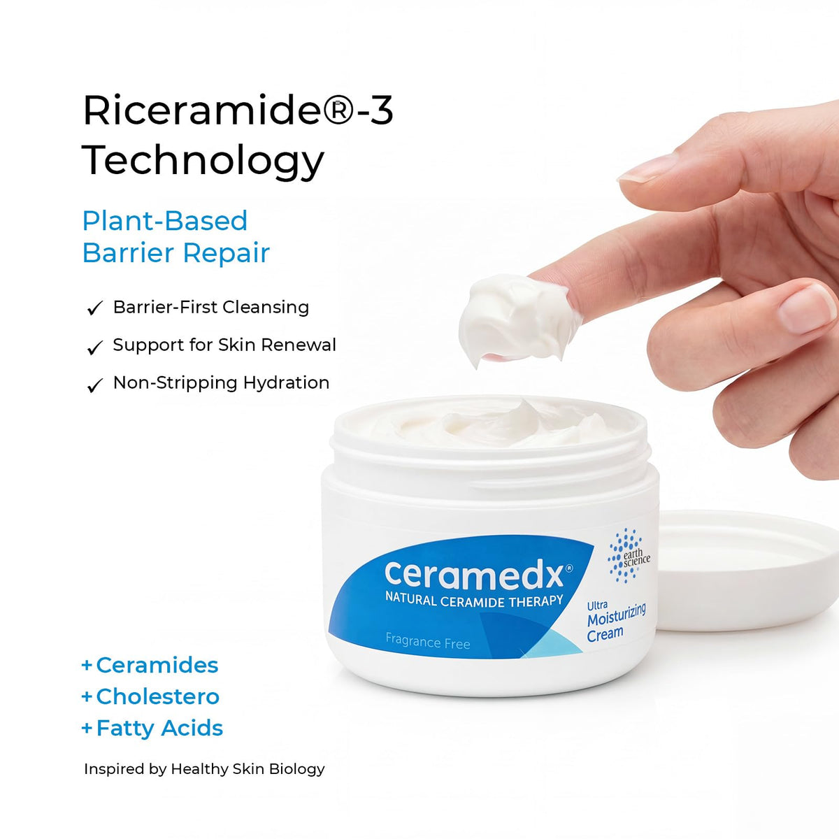 Ceramedx pump dispensing cream onto fingers for easy daily application