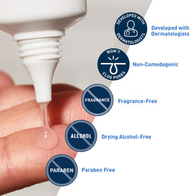 Close-up of CeraVe gel texture on fingertips, lightweight hydrating exfoliant benefit