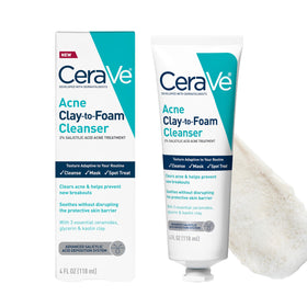CeraVe front packaging of clay-to-foam cleanser showing tube and label benefits